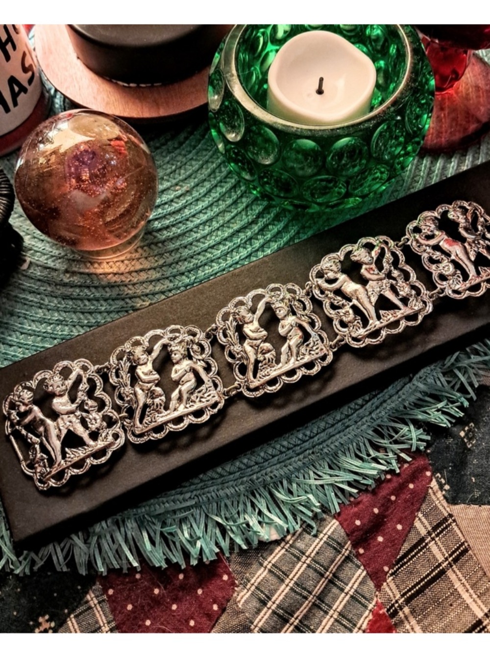 Vintage Coro Silver-Tone Cherub Link Bracelet